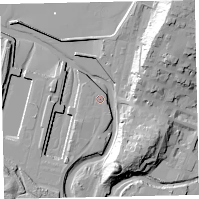 Shaded relief map of the ground around CA158AB, computed from Environment Agency LiDAR. The ground here sits at about 6 m above sea level and falls 44 m across the surrounding 800 m. Surface water reaching this point runs off ground lying to the south-west, 3.3 m higher.
