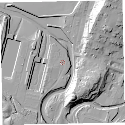 Shaded relief map of the ground around CA158AD, computed from Environment Agency LiDAR. The ground here sits at about 7 m above sea level and falls 42 m across the surrounding 800 m. Surface water reaching this point runs off ground lying to the west-south-west, 3.0 m higher.