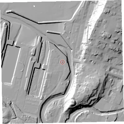 Shaded relief map of the ground around CA158AE, computed from Environment Agency LiDAR. The ground here sits at about 6 m above sea level and falls 43 m across the surrounding 800 m. Surface water reaching this point runs off ground lying to the south-west, 3.1 m higher.