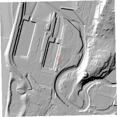 Shaded relief map of the ground around CA158AF, computed from Environment Agency LiDAR. The ground here sits at about 8 m above sea level and falls 34 m across the surrounding 800 m. Surface water reaching this point runs off ground lying to the south-east, 1.2 m higher.