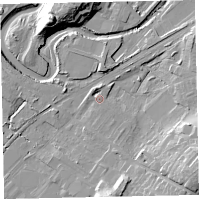 Shaded relief map of the ground around CA158AL, computed from Environment Agency LiDAR. The ground here sits at about 9 m above sea level and falls 31 m across the surrounding 800 m. Surface water reaching this point runs off ground lying to the west-north-west, 1.4 m higher.