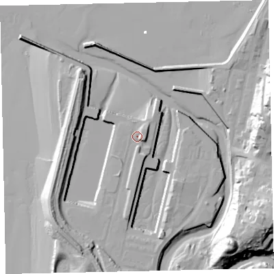 Shaded relief map of the ground around CA158AY, computed from Environment Agency LiDAR. The ground here sits at about 7 m above sea level and falls 35 m across the surrounding 800 m. Surface water reaching this point runs off ground lying to the east-south-east, 3.4 m higher.