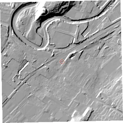 Shaded relief map of the ground around CA158BE, computed from Environment Agency LiDAR. The ground here sits at about 7 m above sea level and falls 32 m across the surrounding 800 m. Surface water reaching this point runs off ground lying to the south-south-east, 17.0 m higher.