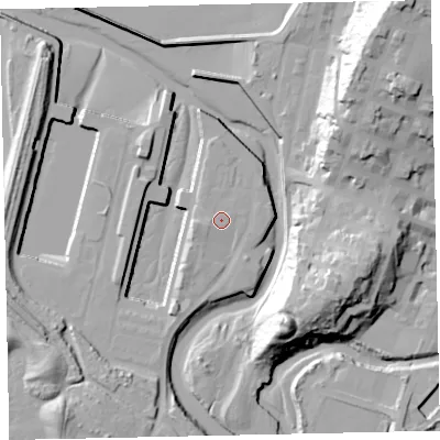 Shaded relief map of the ground around CA158BF, computed from Environment Agency LiDAR. The ground here sits at about 7 m above sea level and falls 41 m across the surrounding 800 m. Surface water reaching this point runs off ground lying to the west-south-west, 0.7 m higher.
