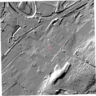 Shaded relief map of the ground around CA158BU, computed from Environment Agency LiDAR. The ground here sits at about 9 m above sea level and falls 22 m across the surrounding 800 m. Surface water reaching this point runs off ground lying to the east-south-east, 2.2 m higher.