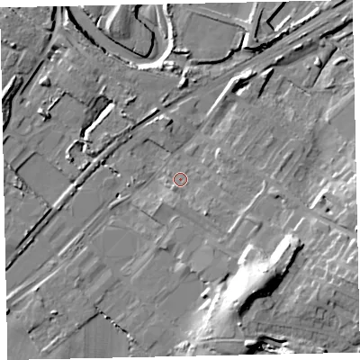 Shaded relief map of the ground around CA158DA, computed from Environment Agency LiDAR. The ground here sits at about 8 m above sea level and falls 22 m across the surrounding 800 m. Surface water reaching this point runs off ground lying to the east-south-east, 4.4 m higher.