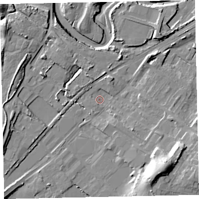 Shaded relief map of the ground around CA158DB, computed from Environment Agency LiDAR. The ground here sits at about 7 m above sea level and falls 22 m across the surrounding 800 m. Surface water reaching this point runs off ground lying to the east-south-east, 5.2 m higher.