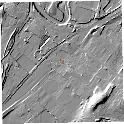 Shaded relief map of the ground around CA158DD, computed from Environment Agency LiDAR. The ground here sits at about 7 m above sea level and falls 22 m across the surrounding 800 m. Surface water reaching this point runs off ground lying to the east-south-east, 5.2 m higher.