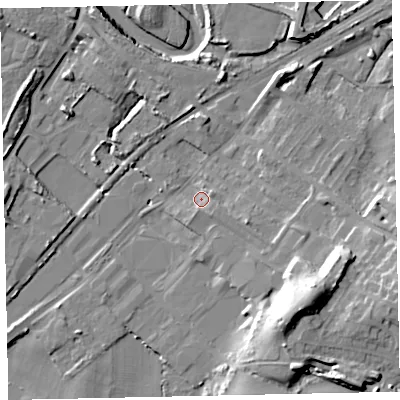 Shaded relief map of the ground around CA158DE, computed from Environment Agency LiDAR. The ground here sits at about 8 m above sea level and falls 22 m across the surrounding 800 m. Surface water reaching this point runs off ground lying to the south-east, 2.6 m higher.