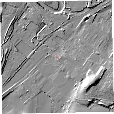 Shaded relief map of the ground around CA158DJ, computed from Environment Agency LiDAR. The ground here sits at about 8 m above sea level and falls 22 m across the surrounding 800 m. Surface water reaching this point runs off ground lying to the south-east, 16.1 m higher.