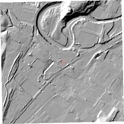 Shaded relief map of the ground around CA158EE, computed from Environment Agency LiDAR. The ground here sits at about 8 m above sea level and falls 32 m across the surrounding 800 m. Surface water reaching this point runs off ground lying to the north-west, 1.9 m higher.