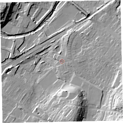 Shaded relief map of the ground around CA158LW, computed from Environment Agency LiDAR. The ground here sits at about 11 m above sea level and falls 32 m across the surrounding 800 m. Surface water reaching this point runs off ground lying to the east, 7.3 m higher.