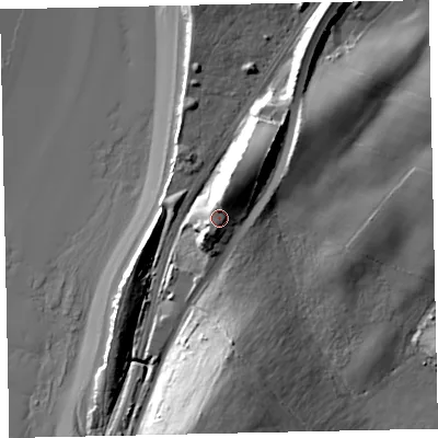 Shaded relief map of the ground around CA158PA, computed from Environment Agency LiDAR. The ground here sits at about 18 m above sea level and falls 34 m across the surrounding 800 m. Surface water reaching this point runs off ground lying to the north-north-east, 4.3 m higher.