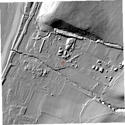 Shaded relief map of the ground around CA158PD, computed from Environment Agency LiDAR. The ground here sits at about 13 m above sea level and falls 32 m across the surrounding 800 m. Surface water reaching this point runs off ground lying to the east-south-east, 16.9 m higher.