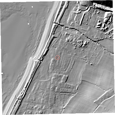 Shaded relief map of the ground around CA158PJ, computed from Environment Agency LiDAR. The ground here sits at about 8 m above sea level and falls 28 m across the surrounding 800 m. Surface water reaching this point runs off ground lying to the south-west, 0.8 m higher.