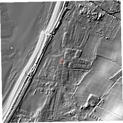 Shaded relief map of the ground around CA158PR, computed from Environment Agency LiDAR. The ground here sits at about 9 m above sea level and falls 33 m across the surrounding 800 m. Surface water reaching this point runs off ground lying to the south-east, 23.5 m higher.