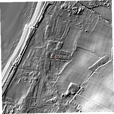 Shaded relief map of the ground around CA158PT, computed from Environment Agency LiDAR. The ground here sits at about 10 m above sea level and falls 40 m across the surrounding 800 m. Surface water reaching this point runs off ground lying to the east, 11.7 m higher.