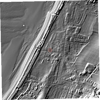 Shaded relief map of the ground around CA158QE, computed from Environment Agency LiDAR. The ground here sits at about 8 m above sea level and falls 31 m across the surrounding 800 m. Surface water reaching this point runs off ground lying to the east-south-east, 2.9 m higher.