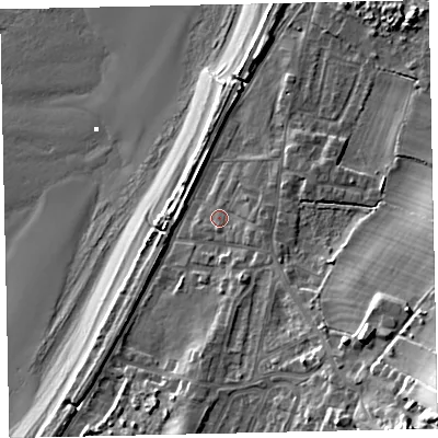 Shaded relief map of the ground around CA158QG, computed from Environment Agency LiDAR. The ground here sits at about 8 m above sea level and falls 30 m across the surrounding 800 m. Surface water reaching this point runs off ground lying to the south-east, 2.5 m higher.