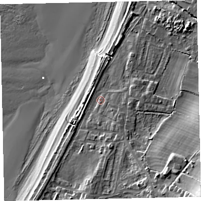 Shaded relief map of the ground around CA158QH, computed from Environment Agency LiDAR. The ground here sits at about 7 m above sea level and falls 27 m across the surrounding 800 m. Surface water reaching this point runs off ground lying to the south-east, 18.0 m higher.