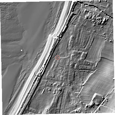 Shaded relief map of the ground around CA158QJ, computed from Environment Agency LiDAR. The ground here sits at about 7 m above sea level and falls 26 m across the surrounding 800 m. Surface water reaching this point runs off ground lying to the south-east, 17.2 m higher.