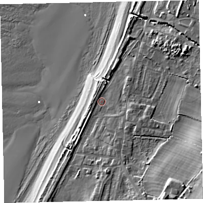 Shaded relief map of the ground around CA158QL, computed from Environment Agency LiDAR. The ground here sits at about 7 m above sea level and falls 23 m across the surrounding 800 m. Surface water reaching this point runs off ground lying to the south-south-east, 14.0 m higher.