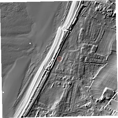 Shaded relief map of the ground around CA158QN, computed from Environment Agency LiDAR. The ground here sits at about 7 m above sea level and falls 25 m across the surrounding 800 m. Surface water reaching this point runs off ground lying to the south-east, 15.5 m higher.