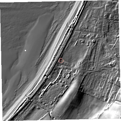Shaded relief map of the ground around CA158RN, computed from Environment Agency LiDAR. The ground here sits at about 7 m above sea level and falls 35 m across the surrounding 800 m. Surface water reaching this point runs off ground lying to the south-south-east, 7.7 m higher.