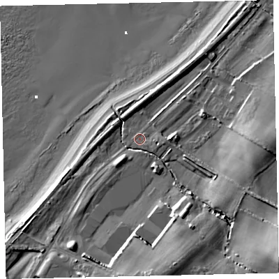 Shaded relief map of the ground around CA158RR, computed from Environment Agency LiDAR. The ground here sits at about 7 m above sea level and falls 27 m across the surrounding 800 m. Surface water reaching this point runs off ground lying to the south-east, 18.8 m higher.
