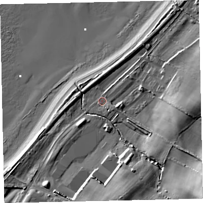 Shaded relief map of the ground around CA158RS, computed from Environment Agency LiDAR. The ground here sits at about 6 m above sea level and falls 30 m across the surrounding 800 m. Surface water reaching this point runs off ground lying to the south-east, 22.7 m higher.
