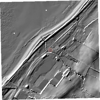 Shaded relief map of the ground around CA158RT, computed from Environment Agency LiDAR. The ground here sits at about 7 m above sea level and falls 26 m across the surrounding 800 m. Surface water reaching this point runs off ground lying to the south-east, 17.6 m higher.