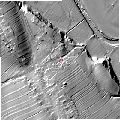 Shaded relief map of the ground around CA166AL, computed from Environment Agency LiDAR. The ground here sits at about 123 m above sea level and falls 36 m across the surrounding 800 m. Surface water reaching this point runs off ground lying to the south-south-west, 10.1 m higher.