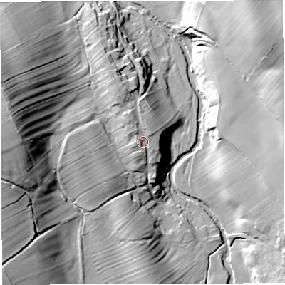 Shaded relief map of the ground around CA166BD, computed from Environment Agency LiDAR. The ground here sits at about 135 m above sea level and falls 39 m across the surrounding 800 m. Surface water reaching this point runs off ground lying to the north-west, 2.2 m higher.