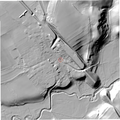 Shaded relief map of the ground around CA166BJ, computed from Environment Agency LiDAR. The ground here sits at about 130 m above sea level and falls 37 m across the surrounding 800 m. Surface water reaching this point runs off ground lying to the north, 23.0 m higher.