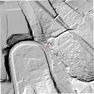 Shaded relief map of the ground around CA166BP, computed from Environment Agency LiDAR. The ground here sits at about 128 m above sea level and falls 53 m across the surrounding 800 m. Surface water reaching this point runs off ground lying to the east-south-east, 42.5 m higher.