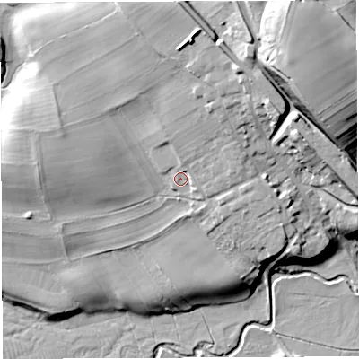 Shaded relief map of the ground around CA166BT, computed from Environment Agency LiDAR. The ground here sits at about 129 m above sea level and falls 38 m across the surrounding 800 m. Surface water reaching this point runs off ground lying to the north-north-east, 6.7 m higher.