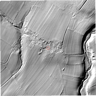 Shaded relief map of the ground around CA166DN, computed from Environment Agency LiDAR. The ground here sits at about 205 m above sea level and falls 50 m across the surrounding 800 m. Surface water reaching this point runs off ground lying to the north-east, 24.9 m higher.