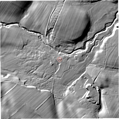 Shaded relief map of the ground around CA166DR, computed from Environment Agency LiDAR. The ground here sits at about 207 m above sea level and falls 34 m across the surrounding 800 m. Surface water reaching this point runs off ground lying to the east-north-east, 2.3 m higher.