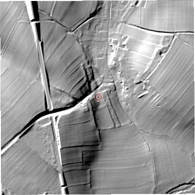 Shaded relief map of the ground around CA166EJ, computed from Environment Agency LiDAR. The ground here sits at about 141 m above sea level and falls 35 m across the surrounding 800 m. Surface water reaching this point runs off ground lying to the south-west, 16.0 m higher.