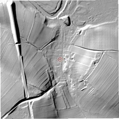 Shaded relief map of the ground around CA166EL, computed from Environment Agency LiDAR. The ground here sits at about 133 m above sea level and falls 38 m across the surrounding 800 m. Surface water reaching this point runs off ground lying to the south-west, 32.6 m higher.