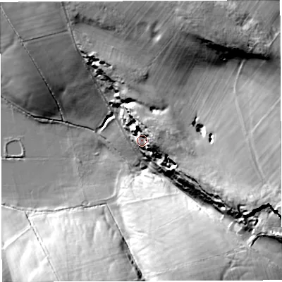 Shaded relief map of the ground around CA166EP, computed from Environment Agency LiDAR. The ground here sits at about 181 m above sea level and falls 50 m across the surrounding 800 m. Surface water reaching this point runs off ground lying to the east-north-east, 17.8 m higher.