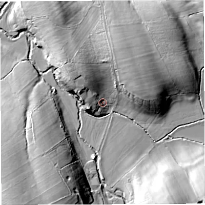 Shaded relief map of the ground around CA166ES, computed from Environment Agency LiDAR. The ground here sits at about 166 m above sea level and falls 33 m across the surrounding 800 m. Surface water reaching this point runs off ground lying to the north-north-east, 11.8 m higher.