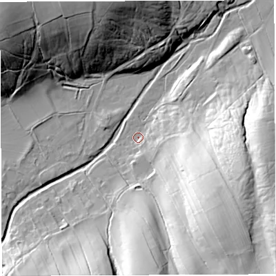 Shaded relief map of the ground around CA166EU, computed from Environment Agency LiDAR. The ground here sits at about 178 m above sea level and falls 45 m across the surrounding 800 m. Surface water reaching this point runs off ground lying to the south-east, 36.5 m higher.