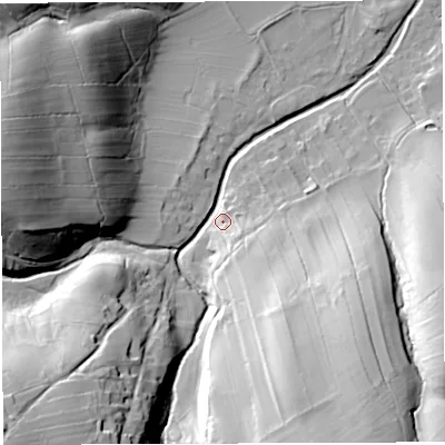 Shaded relief map of the ground around CA166EX, computed from Environment Agency LiDAR. The ground here sits at about 184 m above sea level and falls 43 m across the surrounding 800 m. Surface water reaching this point runs off ground lying to the south-west, 39.3 m higher.