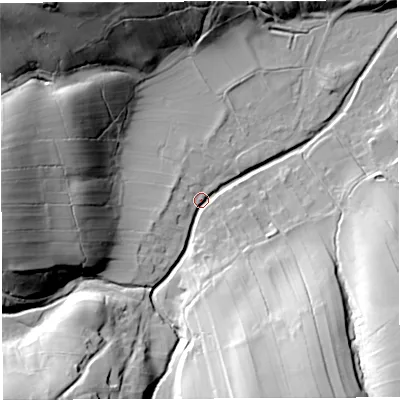 Shaded relief map of the ground around CA166EZ, computed from Environment Agency LiDAR. The ground here sits at about 181 m above sea level and falls 52 m across the surrounding 800 m. Surface water reaching this point runs off ground lying to the west, 36.7 m higher.