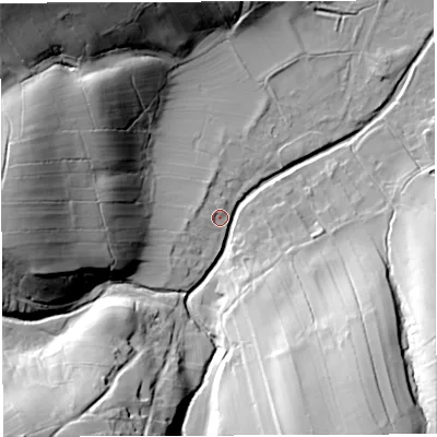 Shaded relief map of the ground around CA166HD, computed from Environment Agency LiDAR. The ground here sits at about 181 m above sea level and falls 51 m across the surrounding 800 m. Surface water reaching this point runs off ground lying to the west, 37.5 m higher.