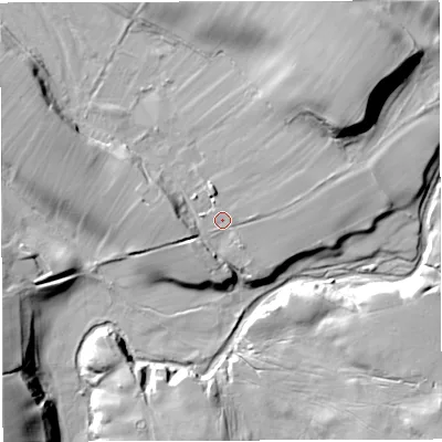 Shaded relief map of the ground around CA166JG, computed from Environment Agency LiDAR. The ground here sits at about 159 m above sea level and falls 36 m across the surrounding 800 m. Surface water reaching this point runs off ground lying to the east-north-east, 5.7 m higher.
