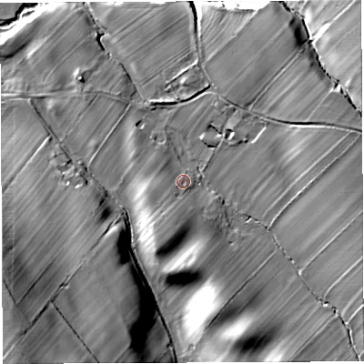Shaded relief map of the ground around CA166JP, computed from Environment Agency LiDAR. The ground here sits at about 126 m above sea level and falls 39 m across the surrounding 800 m. Surface water reaching this point runs off ground lying to the south-south-west, 7.2 m higher.