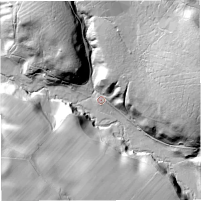 Shaded relief map of the ground around CA166JZ, computed from Environment Agency LiDAR. The ground here sits at about 156 m above sea level and falls 69 m across the surrounding 800 m. Surface water reaching this point runs off ground lying to the east-north-east, 58.6 m higher.