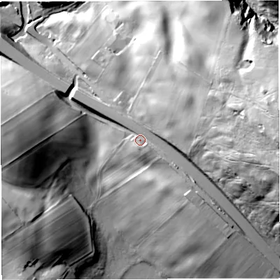 Shaded relief map of the ground around CA166LN, computed from Environment Agency LiDAR. The ground here sits at about 155 m above sea level and falls 55 m across the surrounding 800 m. Surface water reaching this point runs off ground lying to the east, 34.3 m higher.